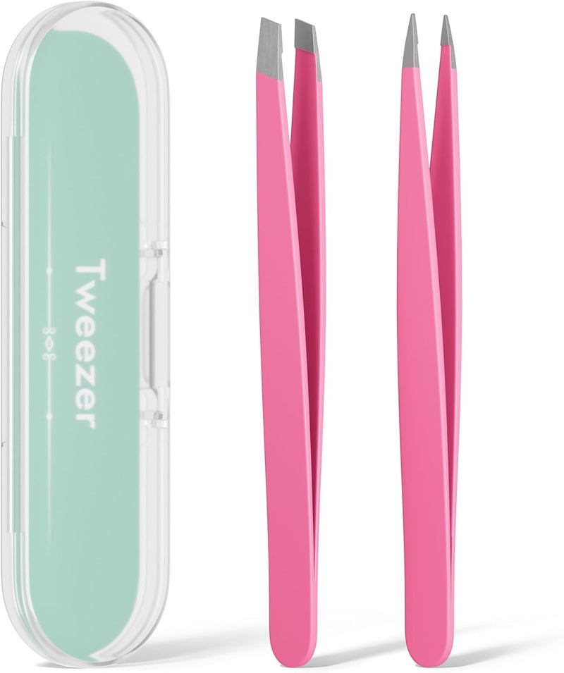 EZ2LIVE Tweezers for Women Facial Hair, Slant & Pointed Tweezers for Eyebrows, Ingrown Hair, Splinter Removal, 2 Pack Tweezer Set, Professional Stainless Steel Eyebrow Tweezers for Men and Women, Pink - Image 1